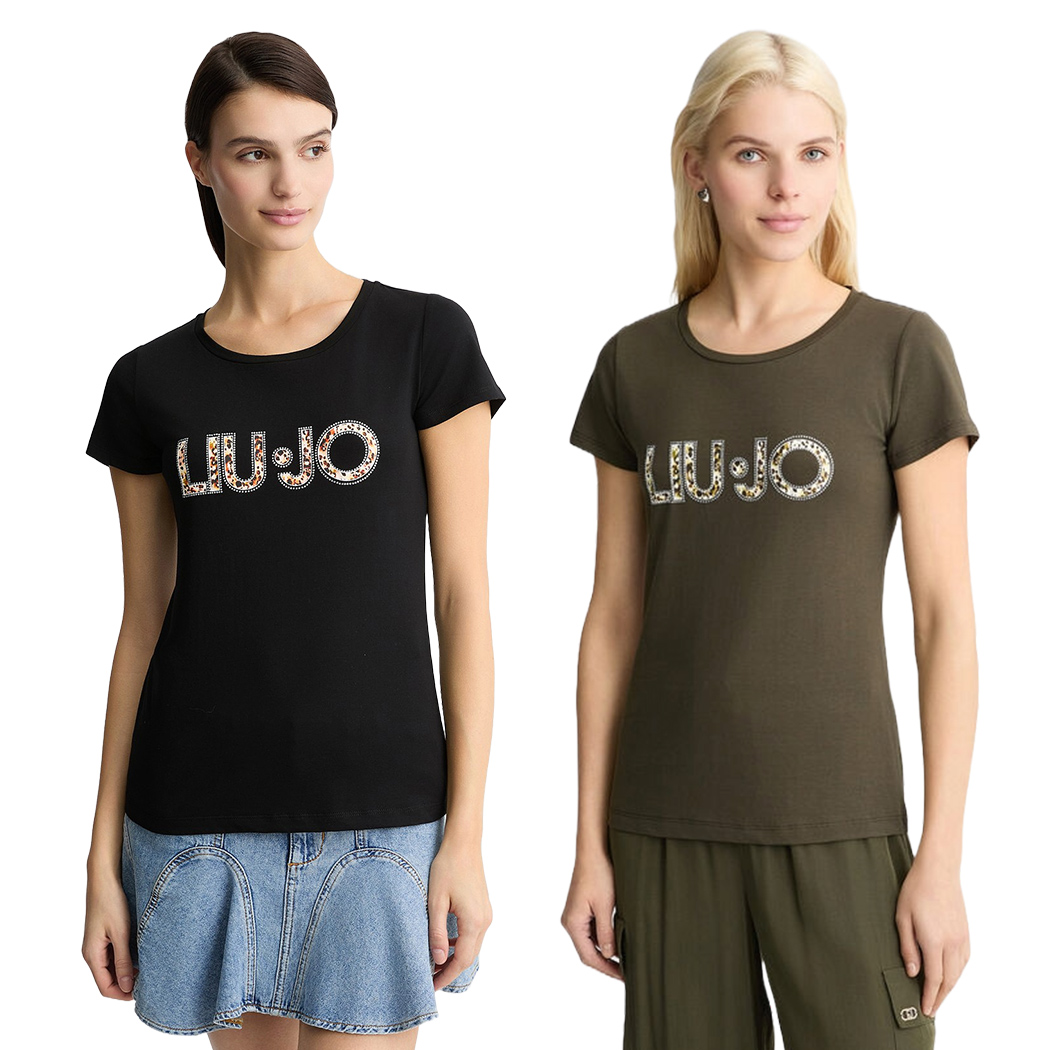 LIU JO T-SHIRT DONNA RAGAZZA MAGLIA LOGO STRASS MAGLIETTA COTONE VA5154JS003