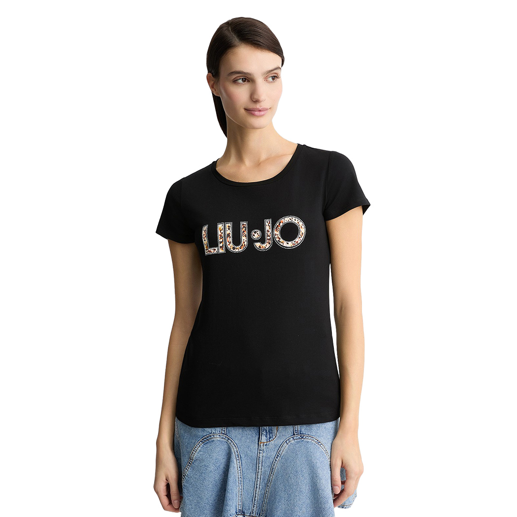 LIU JO T-SHIRT DONNA RAGAZZA MAGLIA LOGO STRASS MAGLIETTA COTONE VA5154JS003