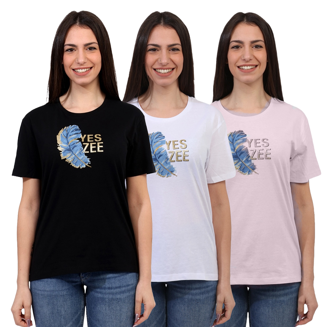 YES-ZEE T-SHIRT DONNA RAGAZZA MAGLIA LOGO PIUMA MAGLIETTA COTONE STAMPA T258T900