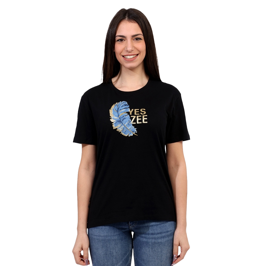 YES-ZEE T-SHIRT DONNA RAGAZZA MAGLIA LOGO PIUMA MAGLIETTA COTONE STAMPA T258T900