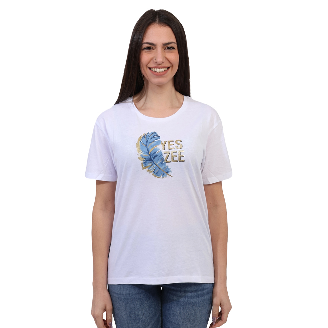 YES-ZEE T-SHIRT DONNA RAGAZZA MAGLIA LOGO PIUMA MAGLIETTA COTONE STAMPA T258T900