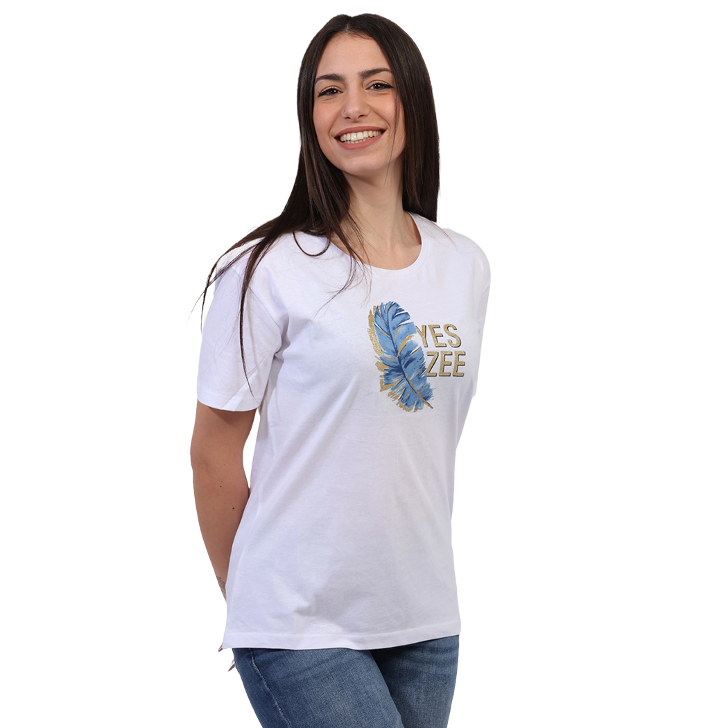 YES-ZEE T-SHIRT DONNA RAGAZZA MAGLIA LOGO PIUMA MAGLIETTA COTONE STAMPA T258T900