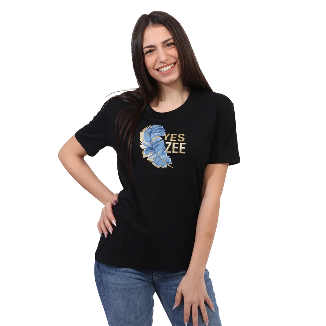 YES-ZEE T-SHIRT DONNA RAGAZZA MAGLIA LOGO PIUMA MAGLIETTA COTONE STAMPA T258T900