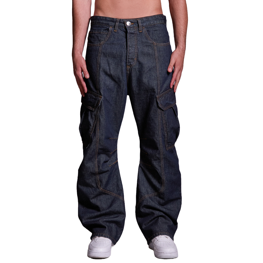 BUTISH JEANS PANTALONI CARGO WIDE FIT UOMO DONNA UNISEX RAW DENIM LARGHI BTSH673