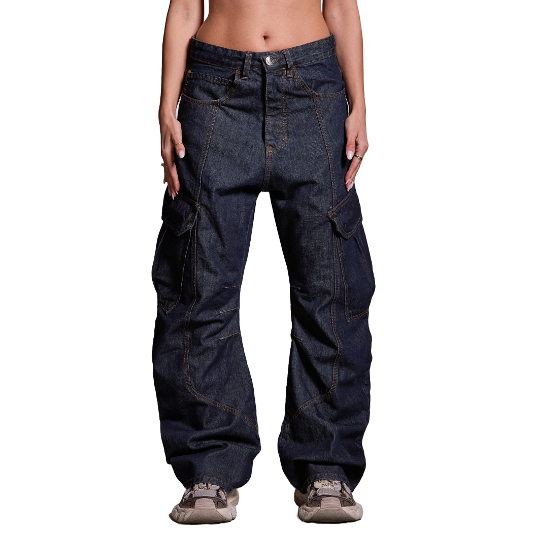 BUTISH JEANS PANTALONI CARGO WIDE FIT UOMO DONNA UNISEX RAW DENIM LARGHI BTSH673