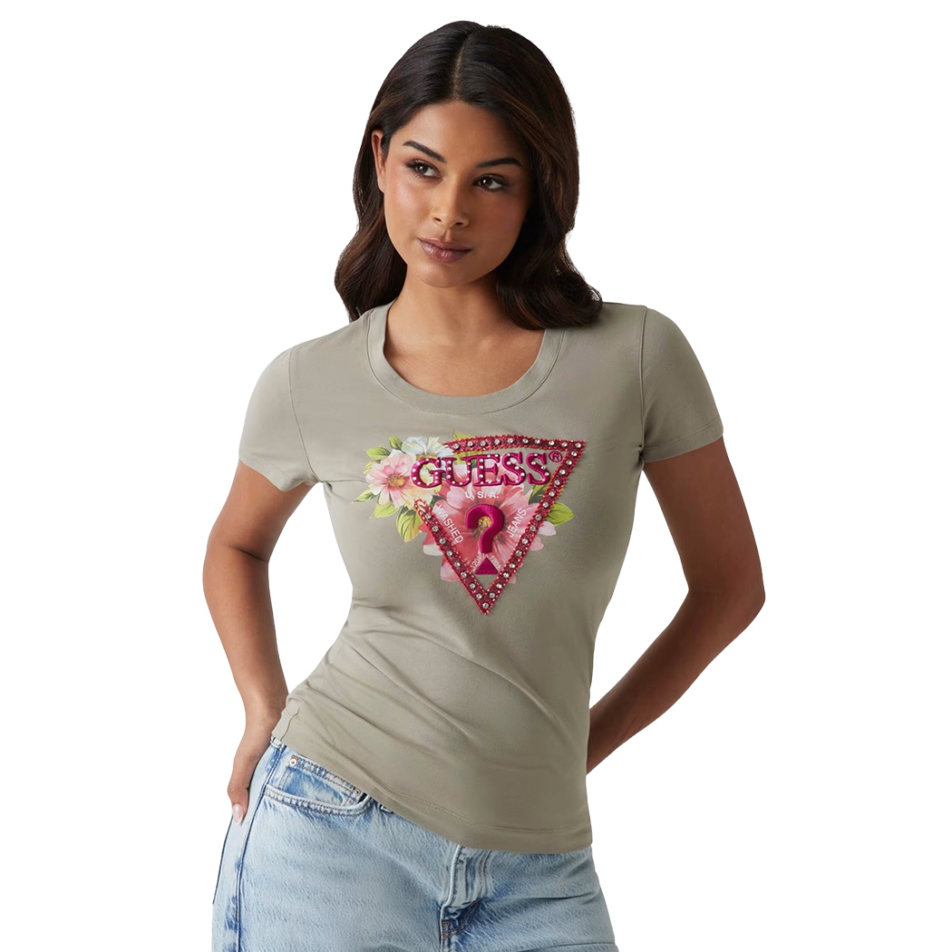 GUESS T-SHIRT MAGLIA MAGLIETTA DONNA LOGO FIORI FRONTALE STRASS W5GI10J1314