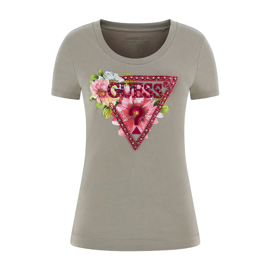 GUESS T-SHIRT MAGLIA MAGLIETTA DONNA LOGO FIORI FRONTALE STRASS W5GI10J1314