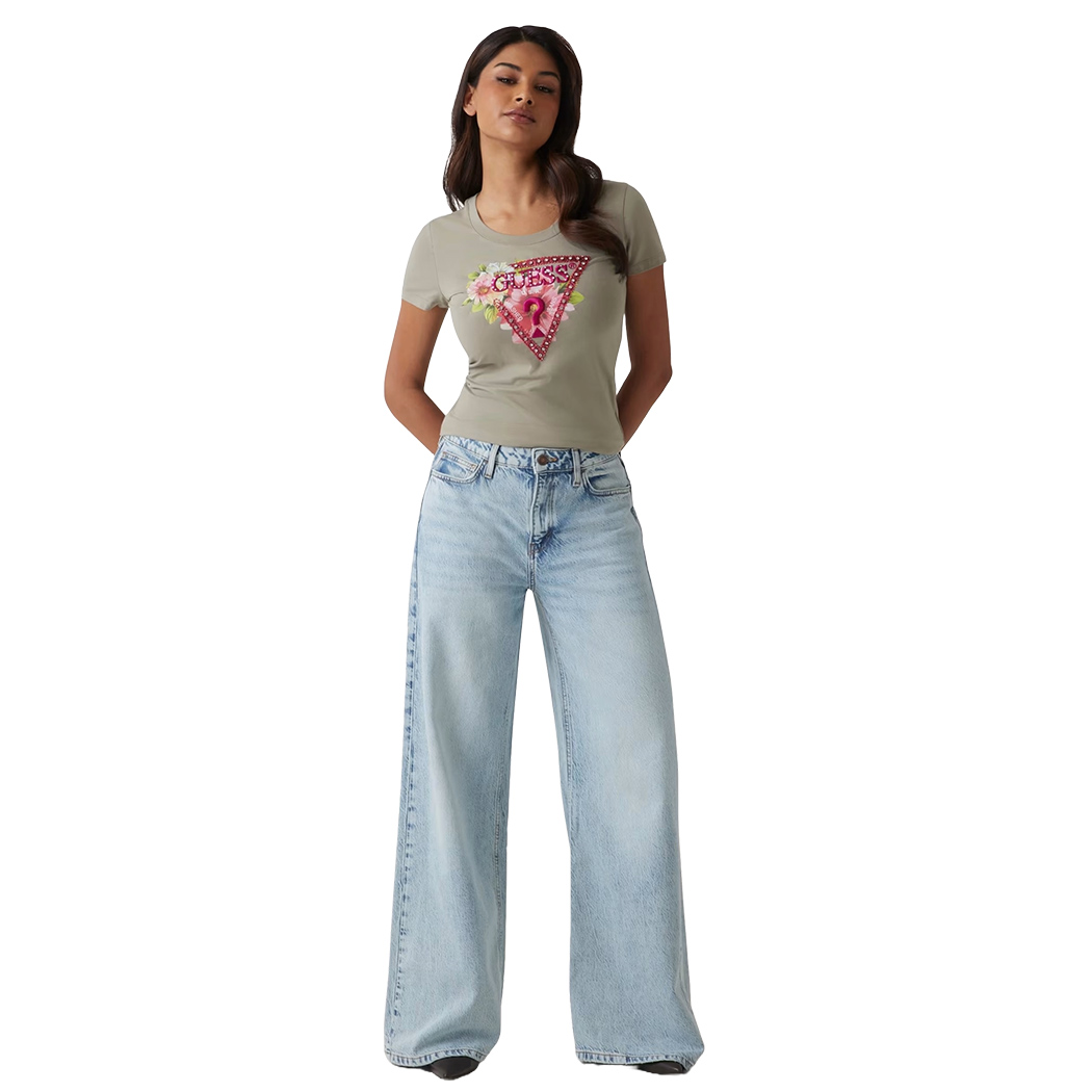 GUESS T-SHIRT MAGLIA MAGLIETTA DONNA LOGO FIORI FRONTALE STRASS W5GI10J1314