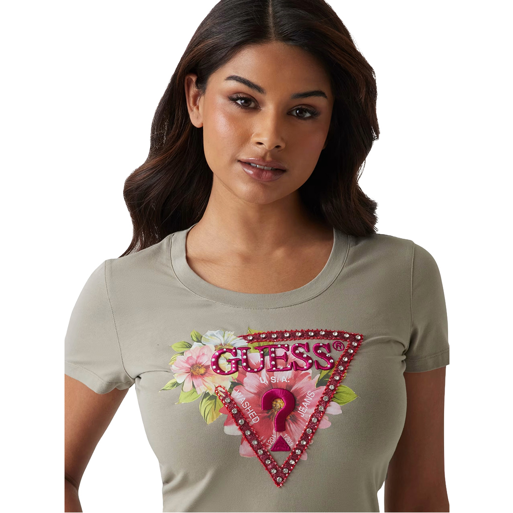 GUESS T-SHIRT MAGLIA MAGLIETTA DONNA LOGO FIORI FRONTALE STRASS W5GI10J1314