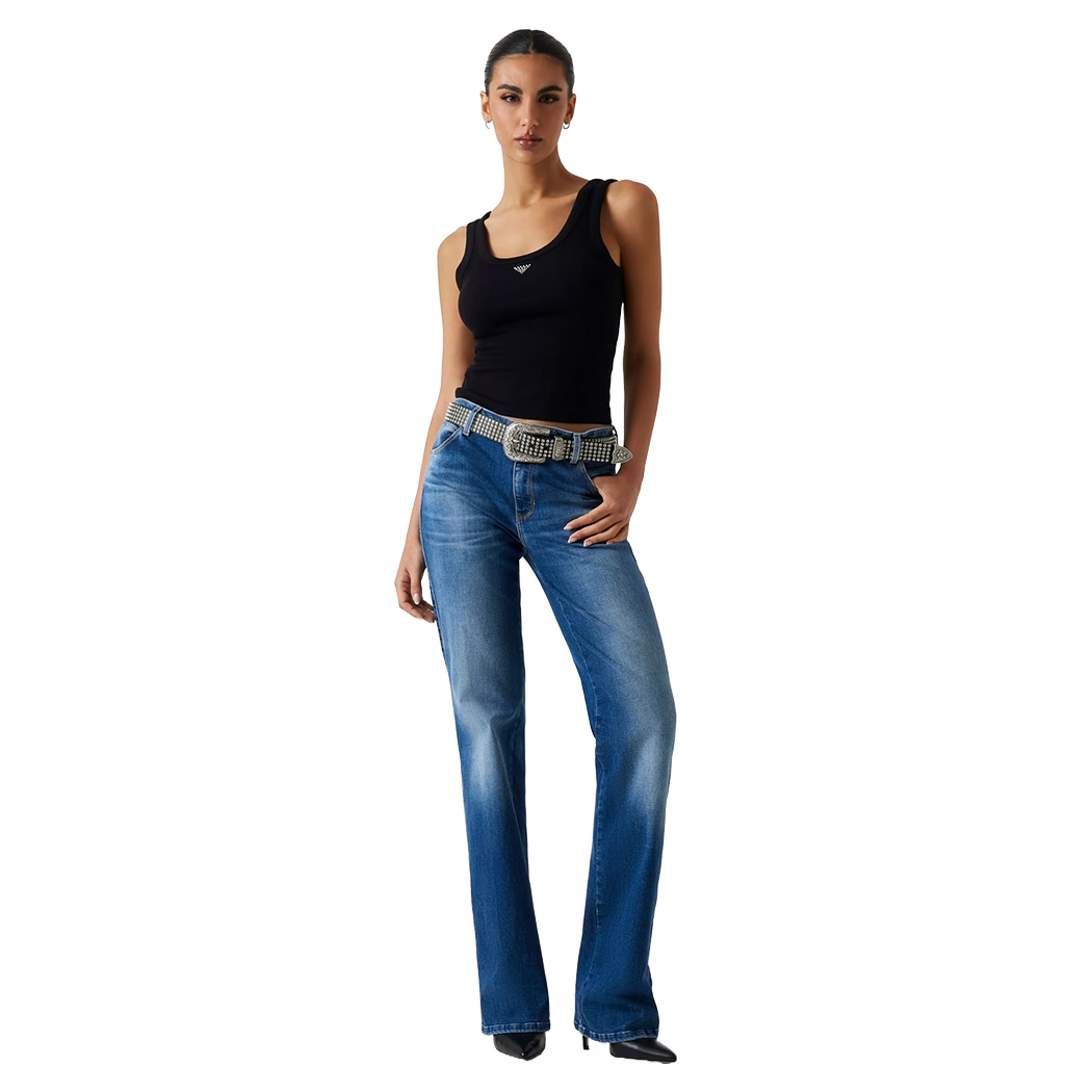 GUESS TOP DONNA CANOTTIERA CANOTTA LOGO STRASS CORTA MAGLIA STRETCH W3YP68KA0H1