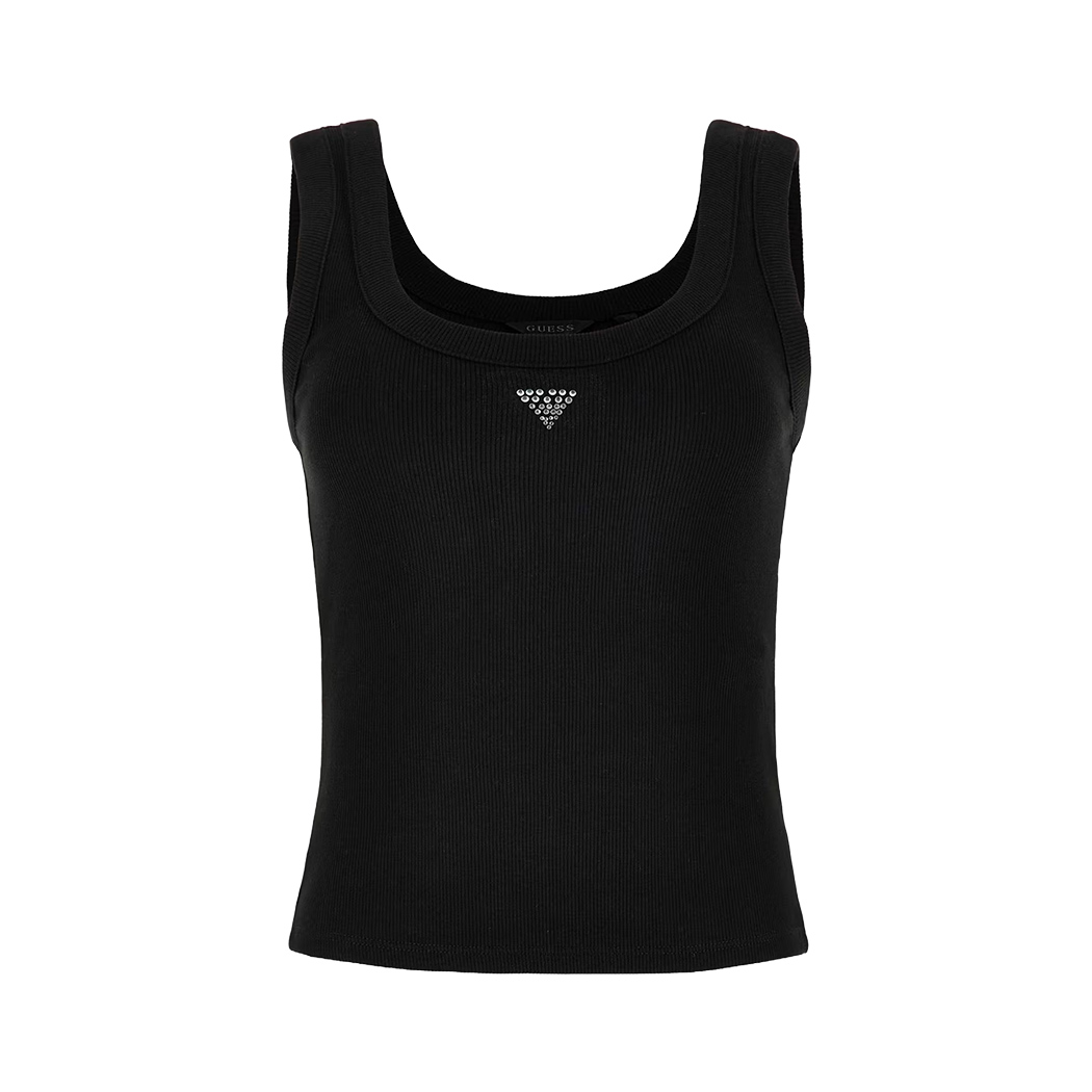 GUESS TOP DONNA CANOTTIERA CANOTTA LOGO STRASS CORTA MAGLIA STRETCH W3YP68KA0H1