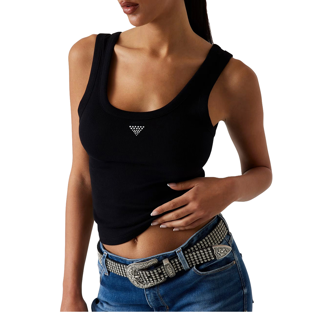 GUESS TOP DONNA CANOTTIERA CANOTTA LOGO STRASS CORTA MAGLIA STRETCH W3YP68KA0H1