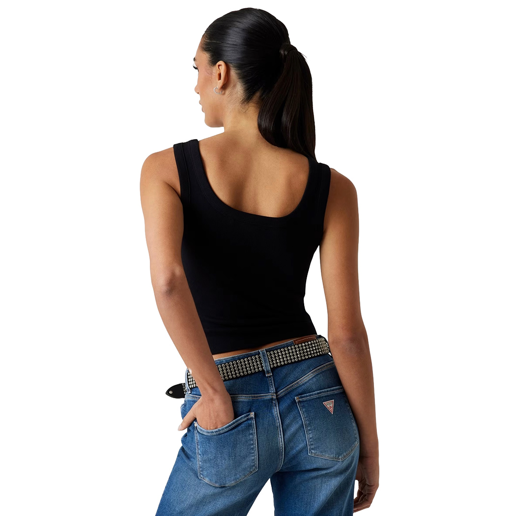 GUESS TOP DONNA CANOTTIERA CANOTTA LOGO STRASS CORTA MAGLIA STRETCH W3YP68KA0H1