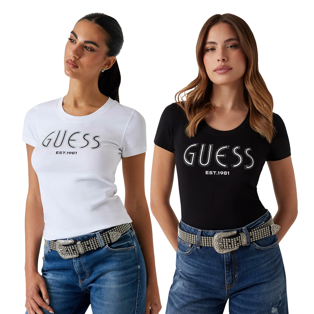 GUESS T-SHIRT MAGLIA MAGLIETTA DONNA LOGO FRONTALE STRASS STRETCH W5YI05J1314