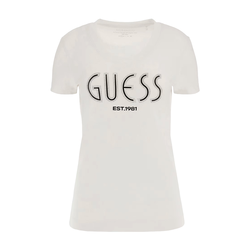 GUESS T-SHIRT MAGLIA MAGLIETTA DONNA LOGO FRONTALE STRASS STRETCH W5YI05J1314