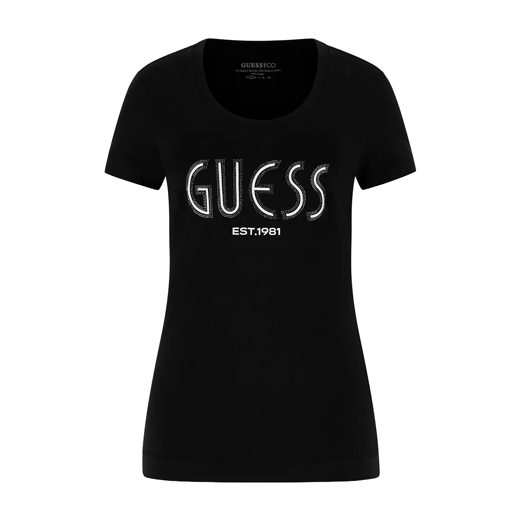 GUESS T-SHIRT MAGLIA MAGLIETTA DONNA LOGO FRONTALE STRASS STRETCH W5YI05J1314