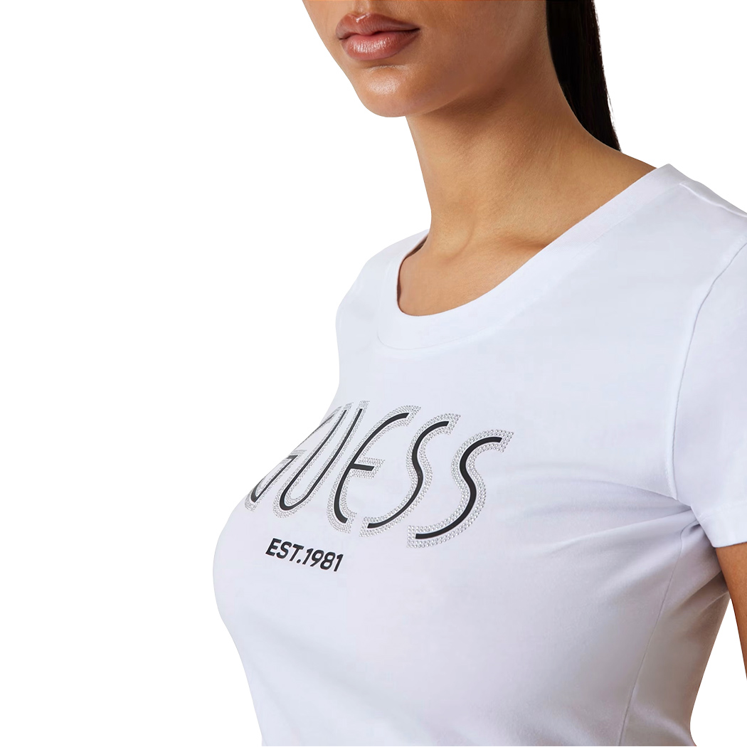 GUESS T-SHIRT MAGLIA MAGLIETTA DONNA LOGO FRONTALE STRASS STRETCH W5YI05J1314