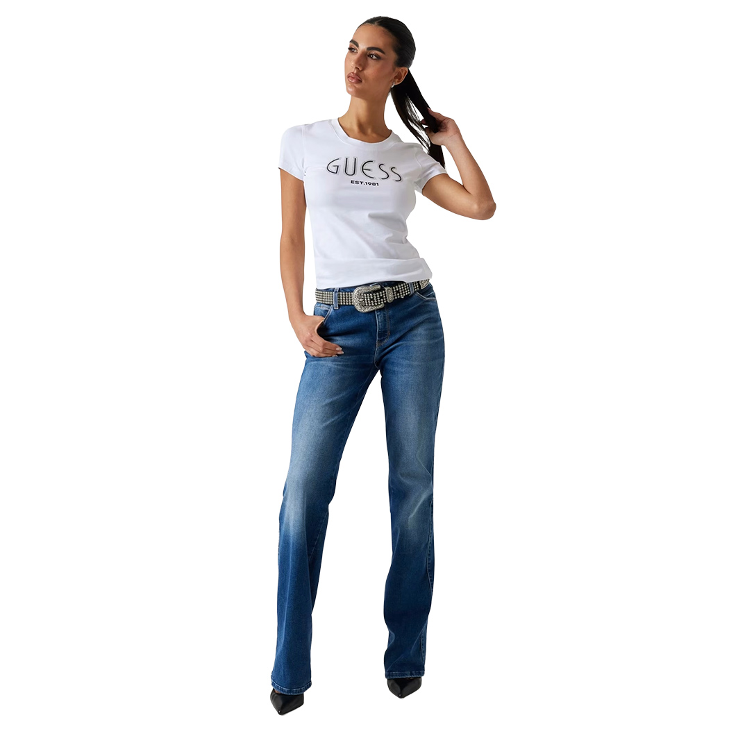 GUESS T-SHIRT MAGLIA MAGLIETTA DONNA LOGO FRONTALE STRASS STRETCH W5YI05J1314