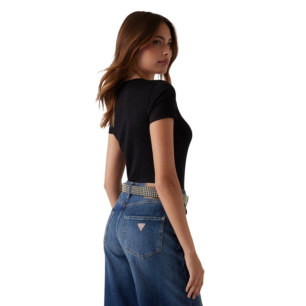 GUESS T-SHIRT MAGLIA MAGLIETTA DONNA LOGO FRONTALE STRASS STRETCH W5YI05J1314