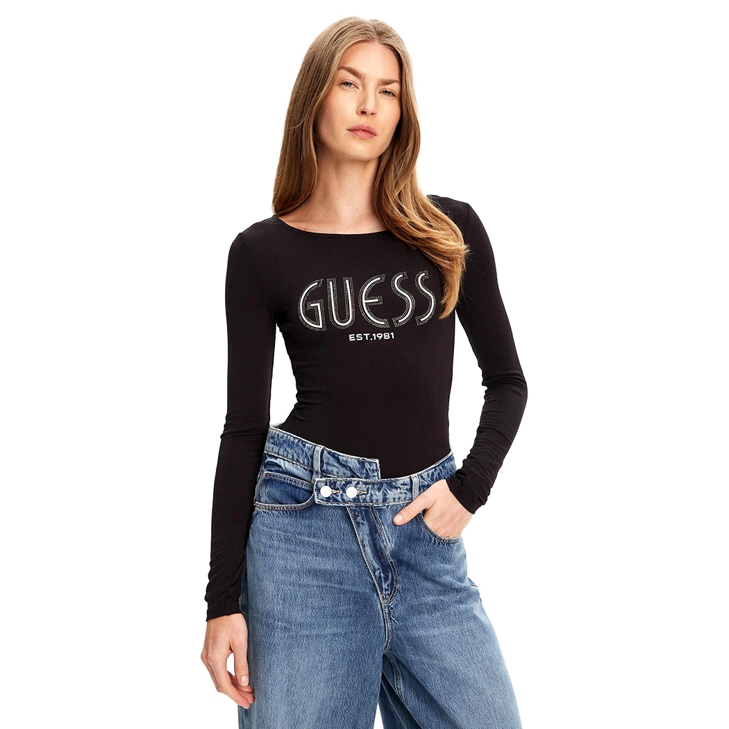 GUESS BODY DONNA LOGO FRONTALE STRASS MAGLIA TOP SOTTOGIACCA T-SHIRT W5YP05K68D2