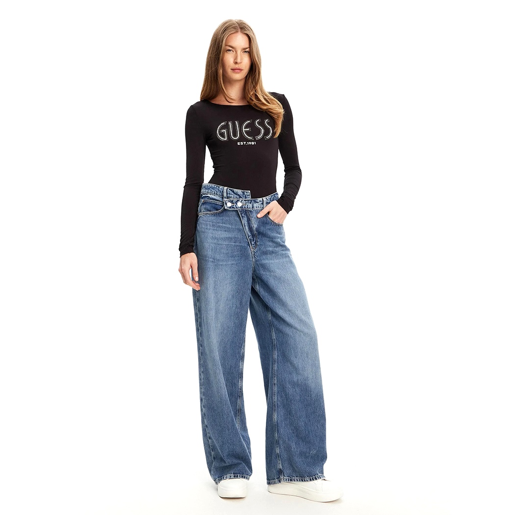 GUESS BODY DONNA LOGO FRONTALE STRASS MAGLIA TOP SOTTOGIACCA T-SHIRT W5YP05K68D2