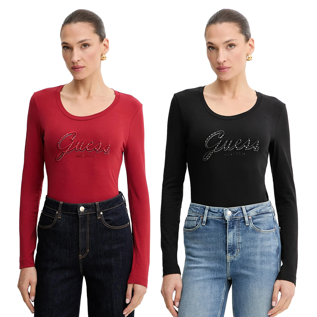 GUESS T-SHIRT MAGLIETTA DONNA MANICA LUNGA LOGO FRONTALE STRASS W5YI26J1314