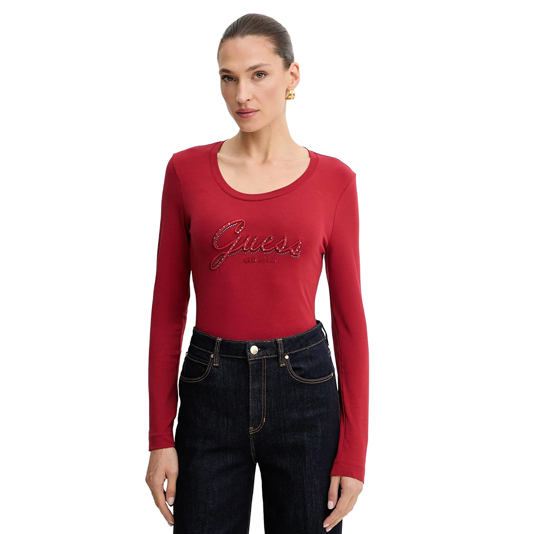 GUESS T-SHIRT MAGLIETTA DONNA MANICA LUNGA LOGO FRONTALE STRASS W5YI26J1314