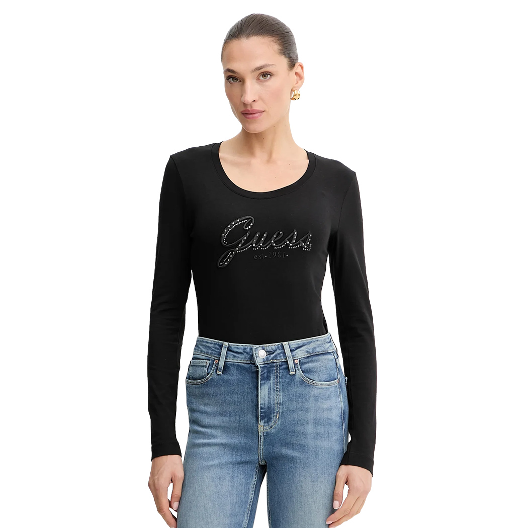 GUESS T-SHIRT MAGLIETTA DONNA MANICA LUNGA LOGO FRONTALE STRASS W5YI26J1314