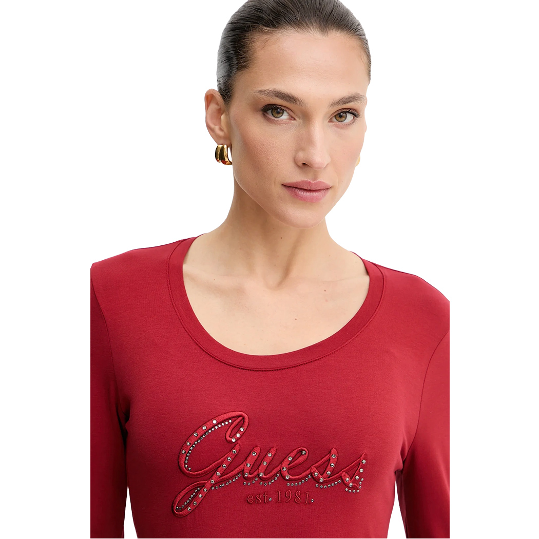 GUESS T-SHIRT MAGLIETTA DONNA MANICA LUNGA LOGO FRONTALE STRASS W5YI26J1314