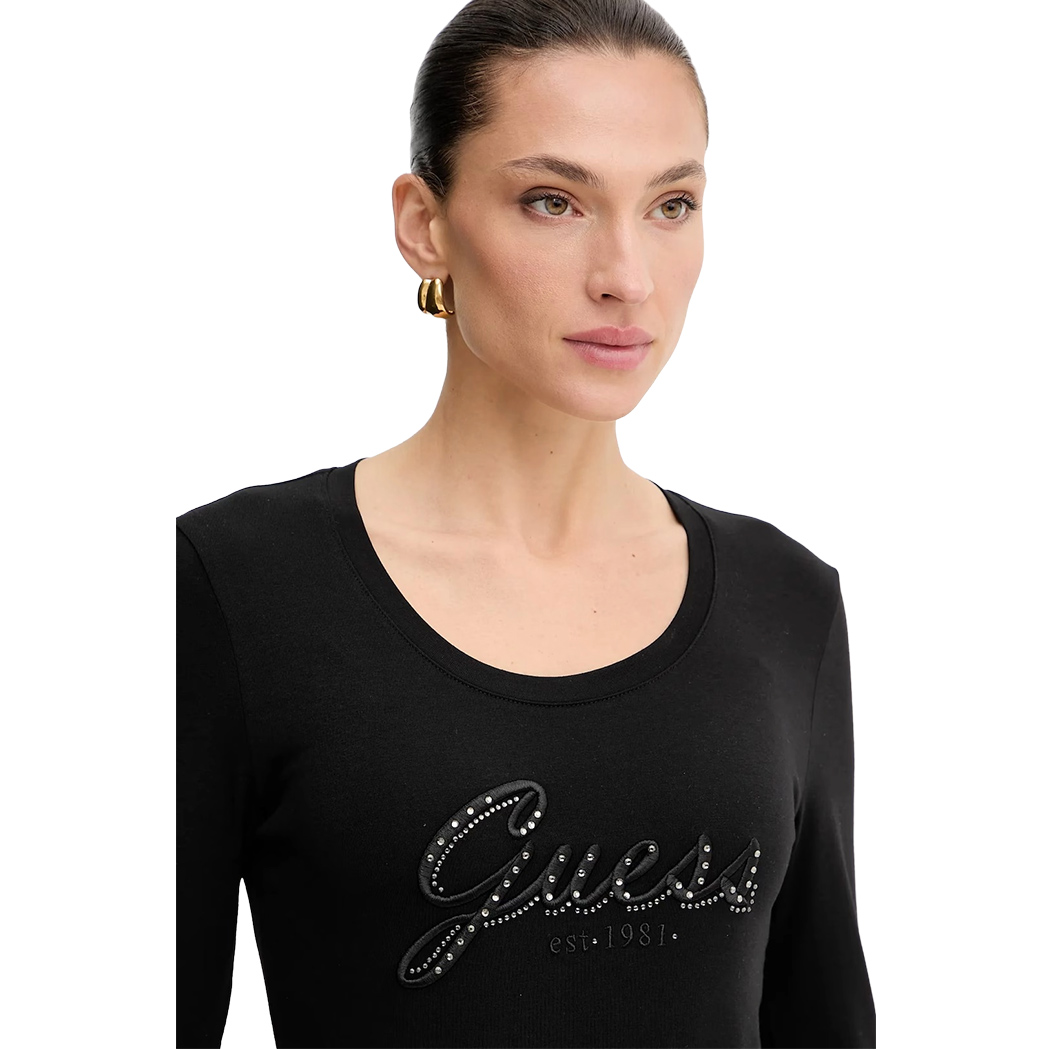 GUESS T-SHIRT MAGLIETTA DONNA MANICA LUNGA LOGO FRONTALE STRASS W5YI26J1314