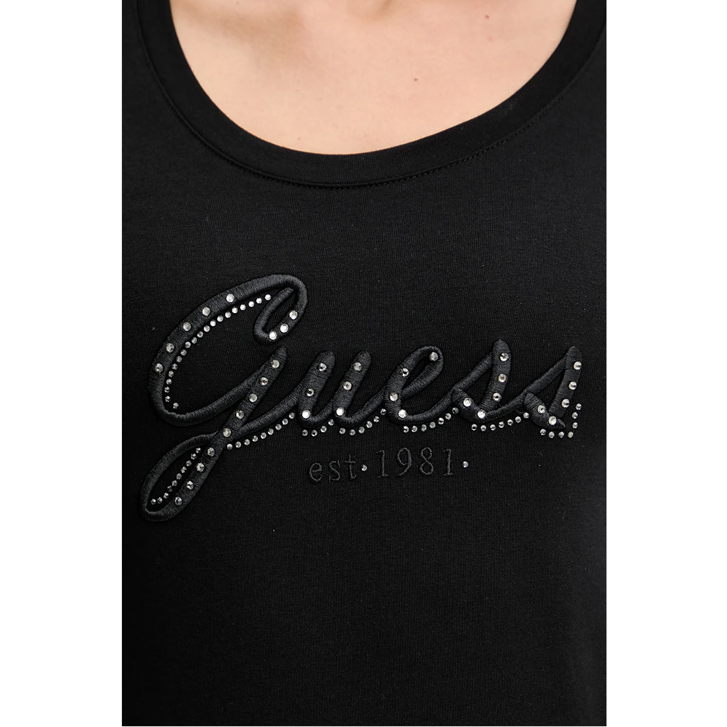 GUESS T-SHIRT MAGLIETTA DONNA MANICA LUNGA LOGO FRONTALE STRASS W5YI26J1314