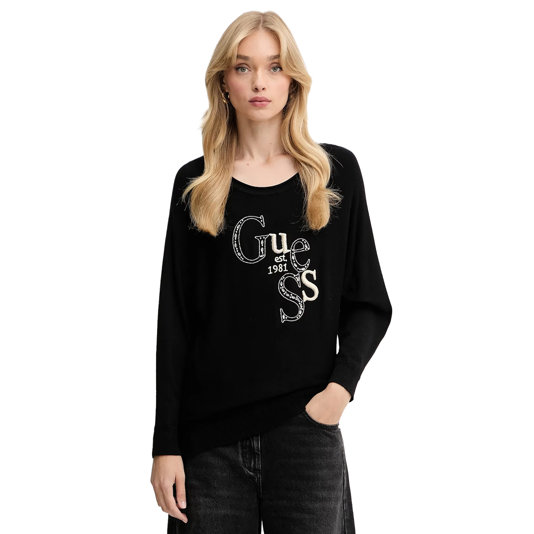 GUESS MAGLIA MAGLIONE DONNA LOGO RICAMATO STRASS VISCOSA INVERNALE W5YR22Z2NQ2