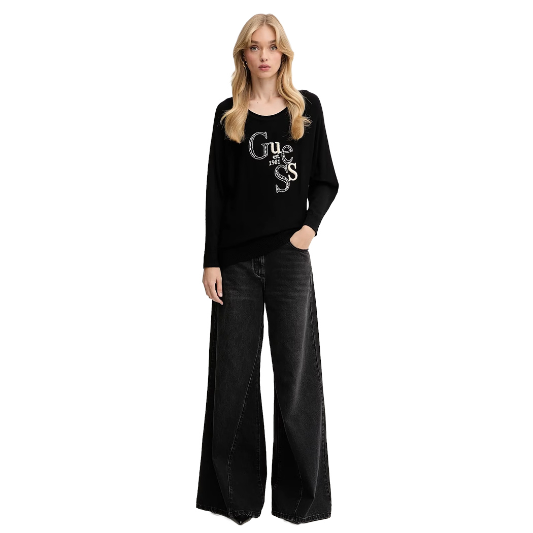 GUESS MAGLIA MAGLIONE DONNA LOGO RICAMATO STRASS VISCOSA INVERNALE W5YR22Z2NQ2