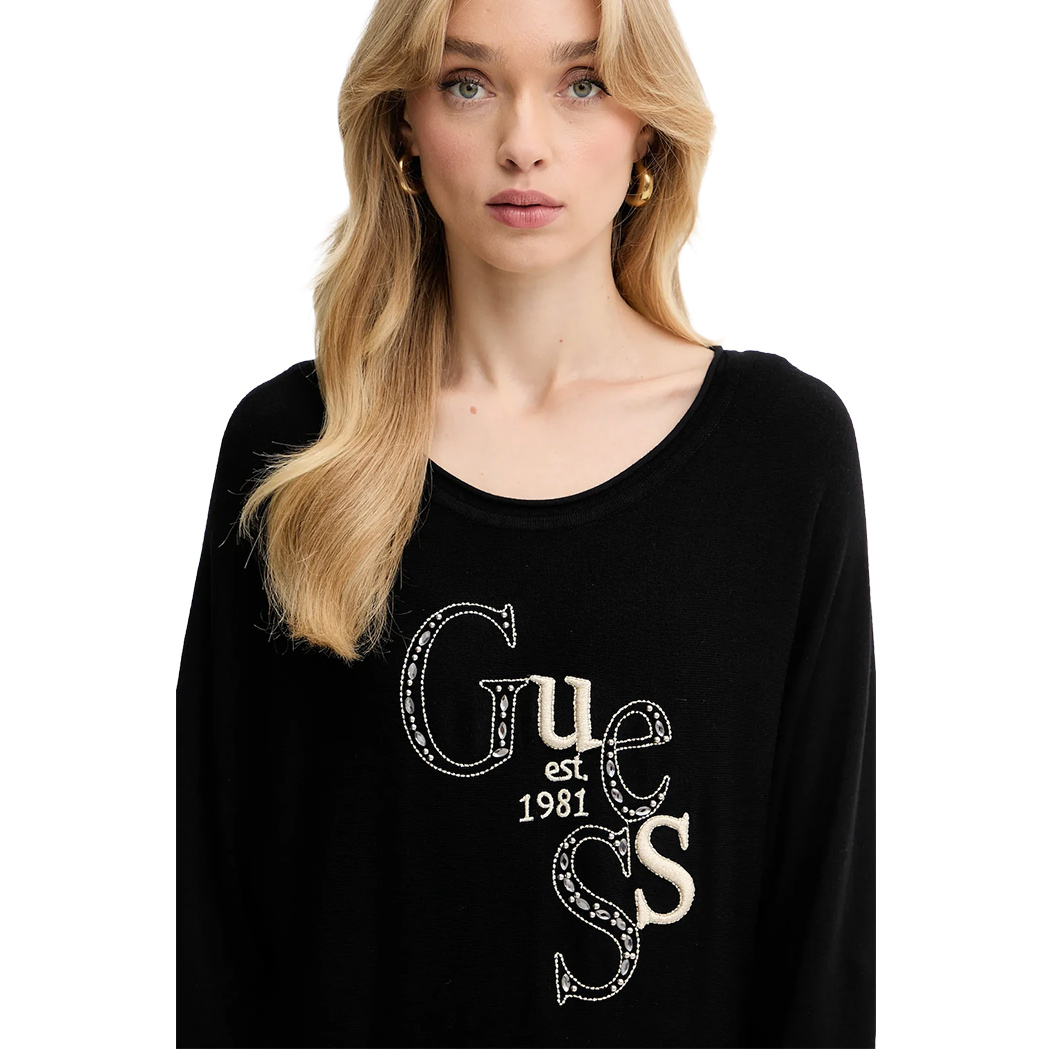 GUESS MAGLIA MAGLIONE DONNA LOGO RICAMATO STRASS VISCOSA INVERNALE W5YR22Z2NQ2
