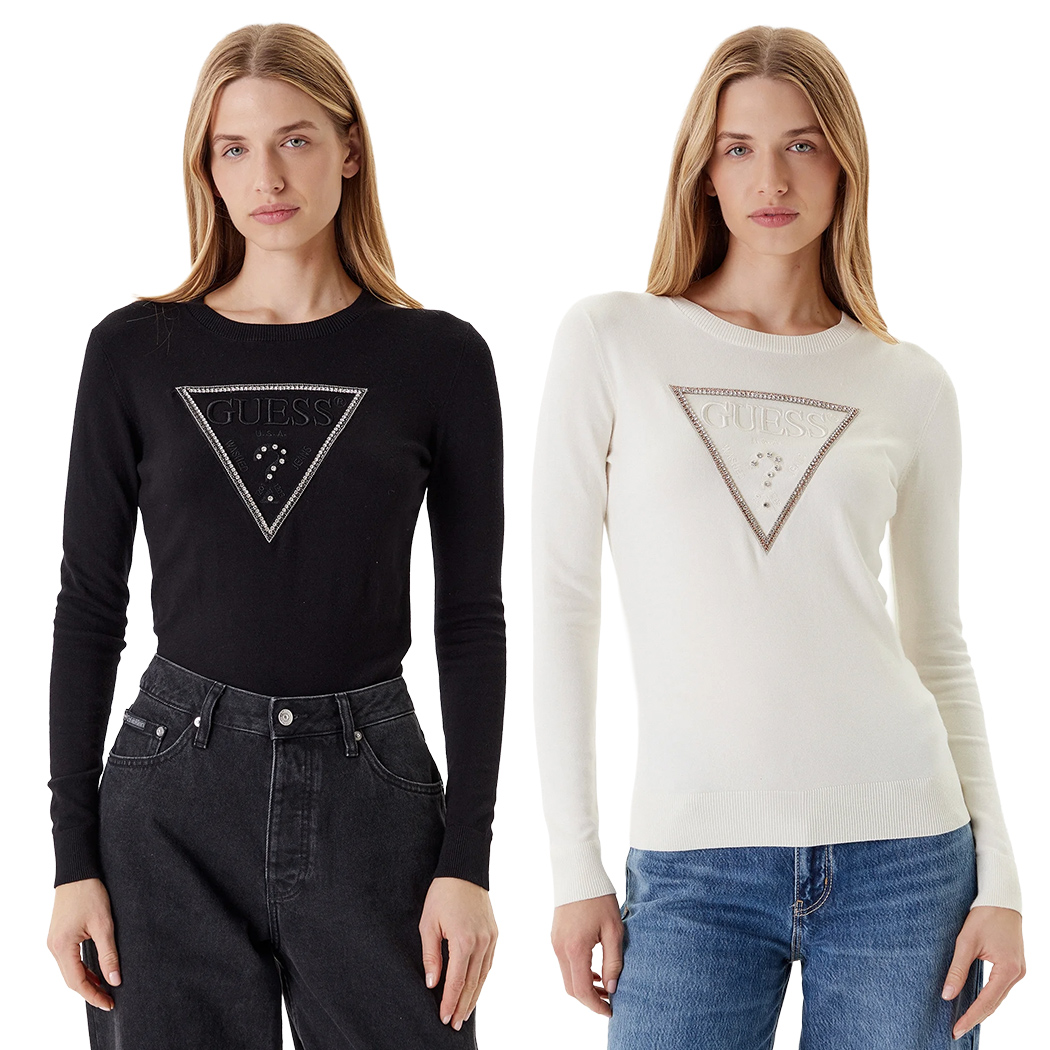 GUESS MAGLIA DONNA LOGO FRONTALE CON STRASS VISCOSA INVERNALE W5YR23Z2NQ2