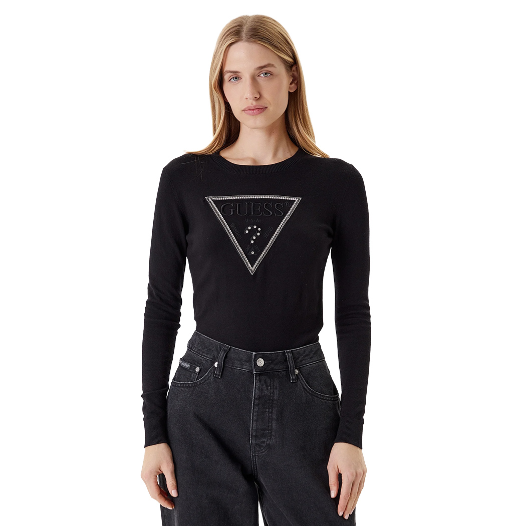 GUESS MAGLIA DONNA LOGO FRONTALE CON STRASS VISCOSA INVERNALE W5YR23Z2NQ2