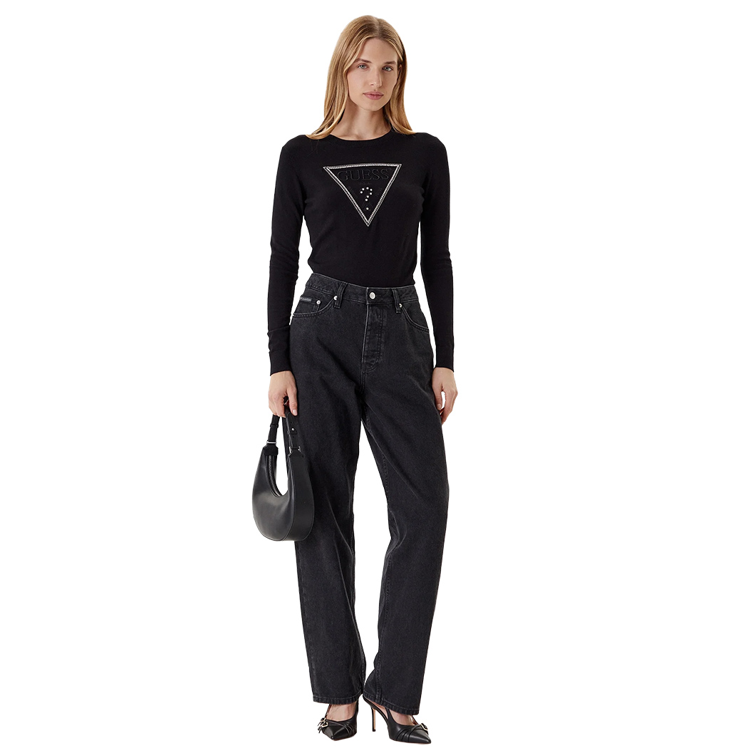 GUESS MAGLIA DONNA LOGO FRONTALE CON STRASS VISCOSA INVERNALE W5YR23Z2NQ2