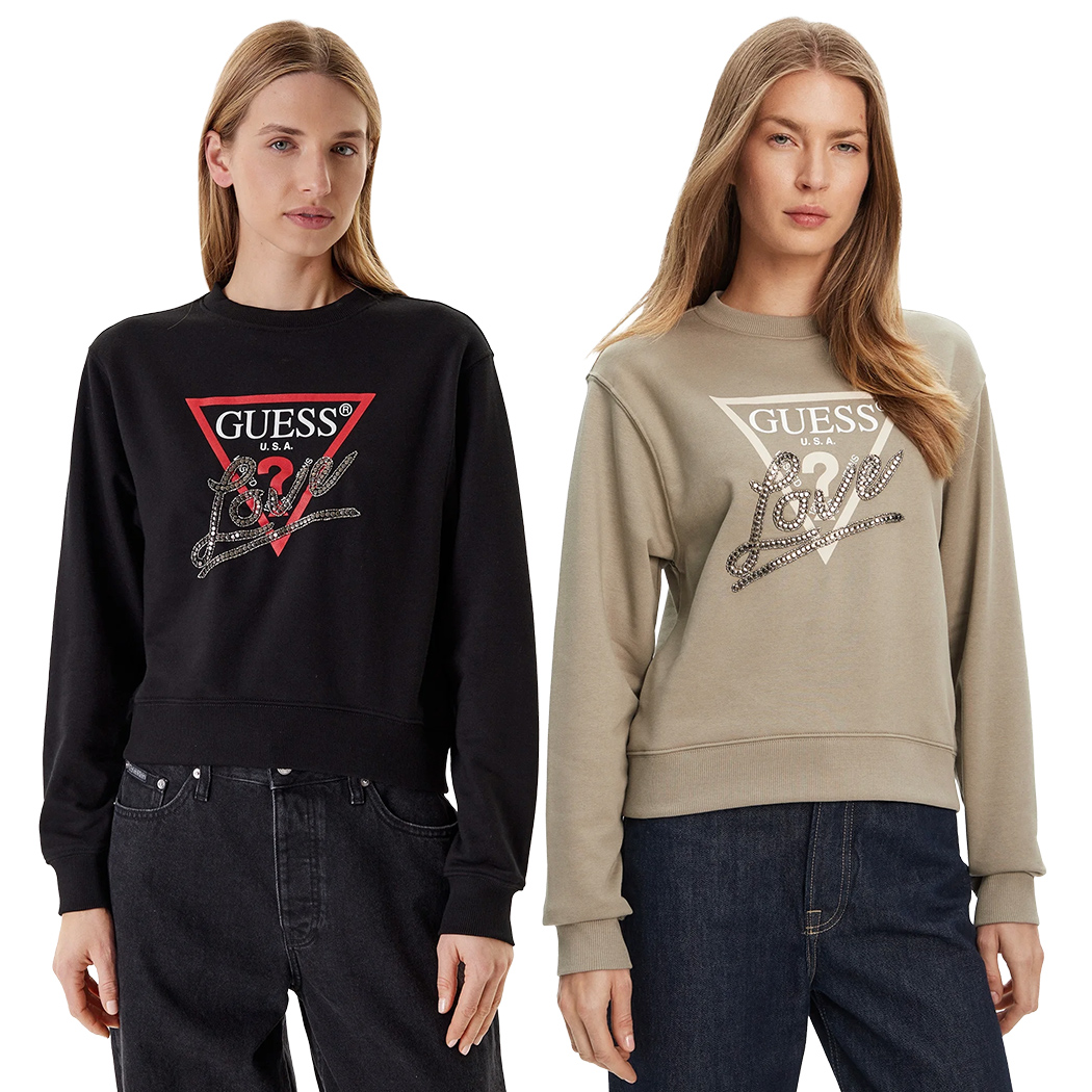 GUESS FELPA DONNA LOGO FRONTALE TRIANGOLO BORCHIETTE MAGLIA W5YQ06KB681