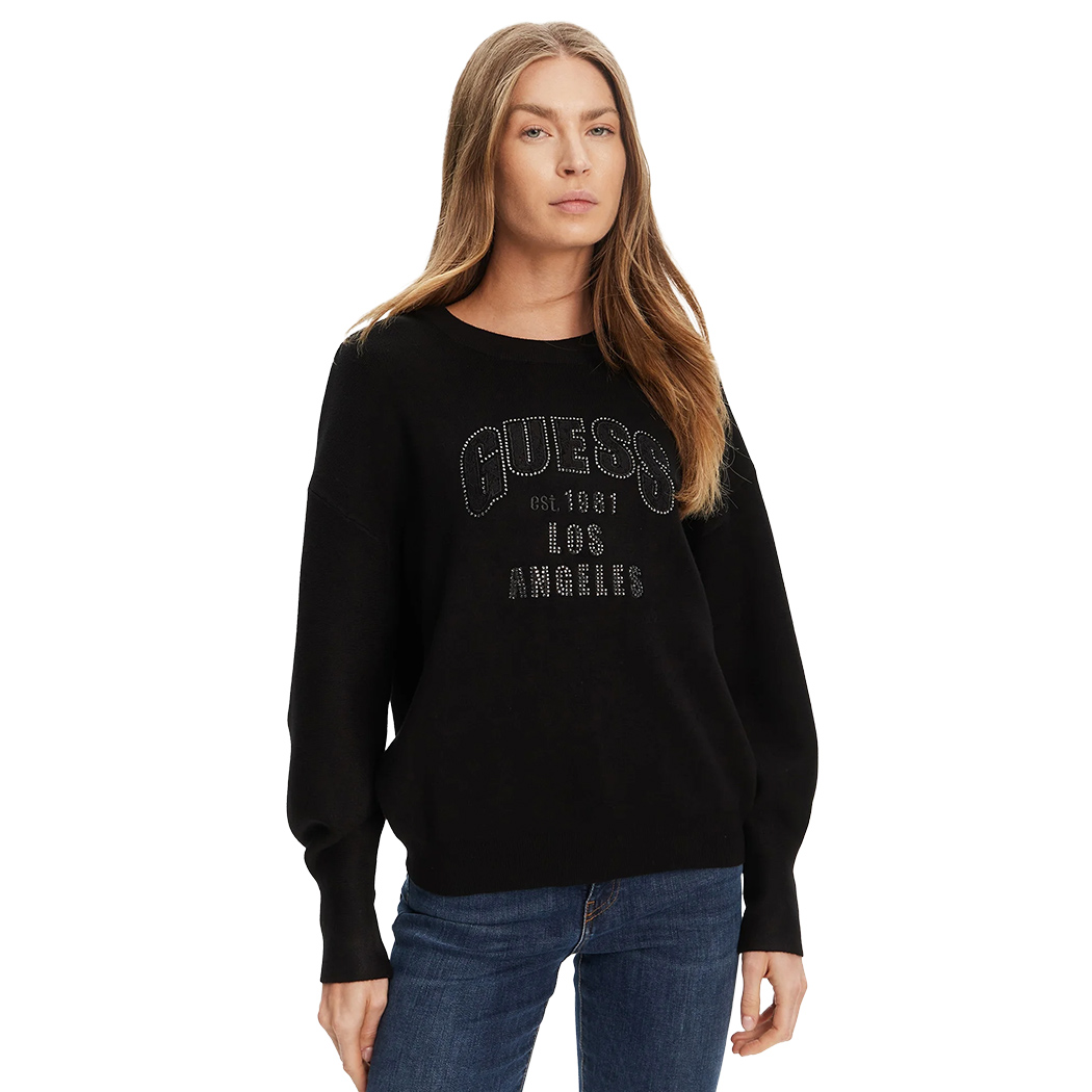 GUESS MAGLIA MAGLIONE DONNA LOGO FRONTALE STRASS VISCOSA INVERNALE W5YR26Z26I2
