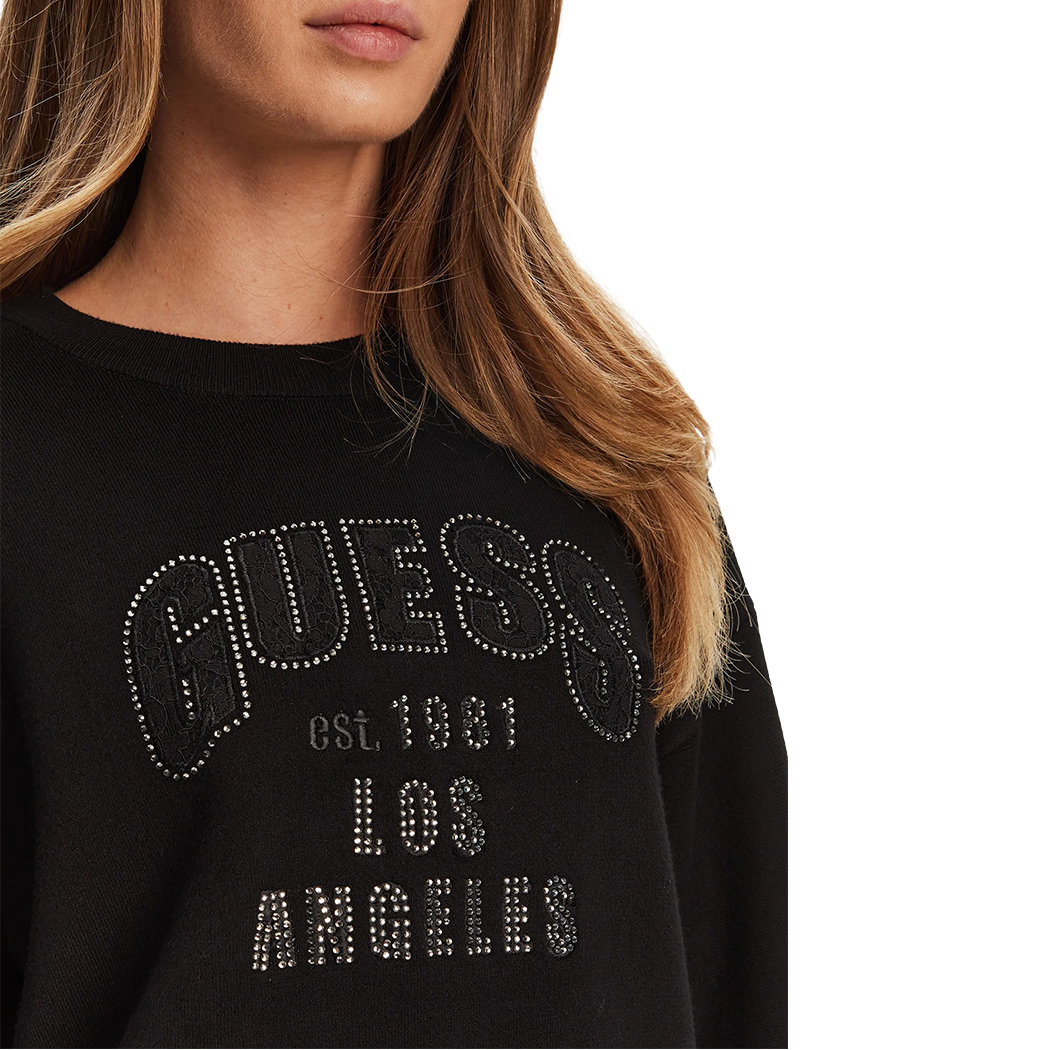 GUESS MAGLIA MAGLIONE DONNA LOGO FRONTALE STRASS VISCOSA INVERNALE W5YR26Z26I2