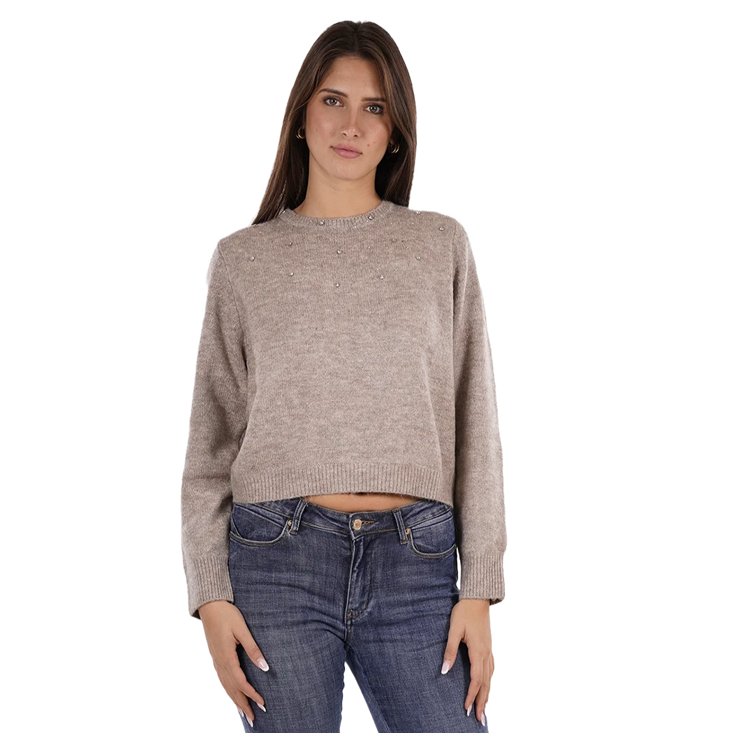 YES ZEE MAGLIA DONNA INVERNO MAGLIONE STRASS APPLICATE PULLOVER CROP M082/JZ00