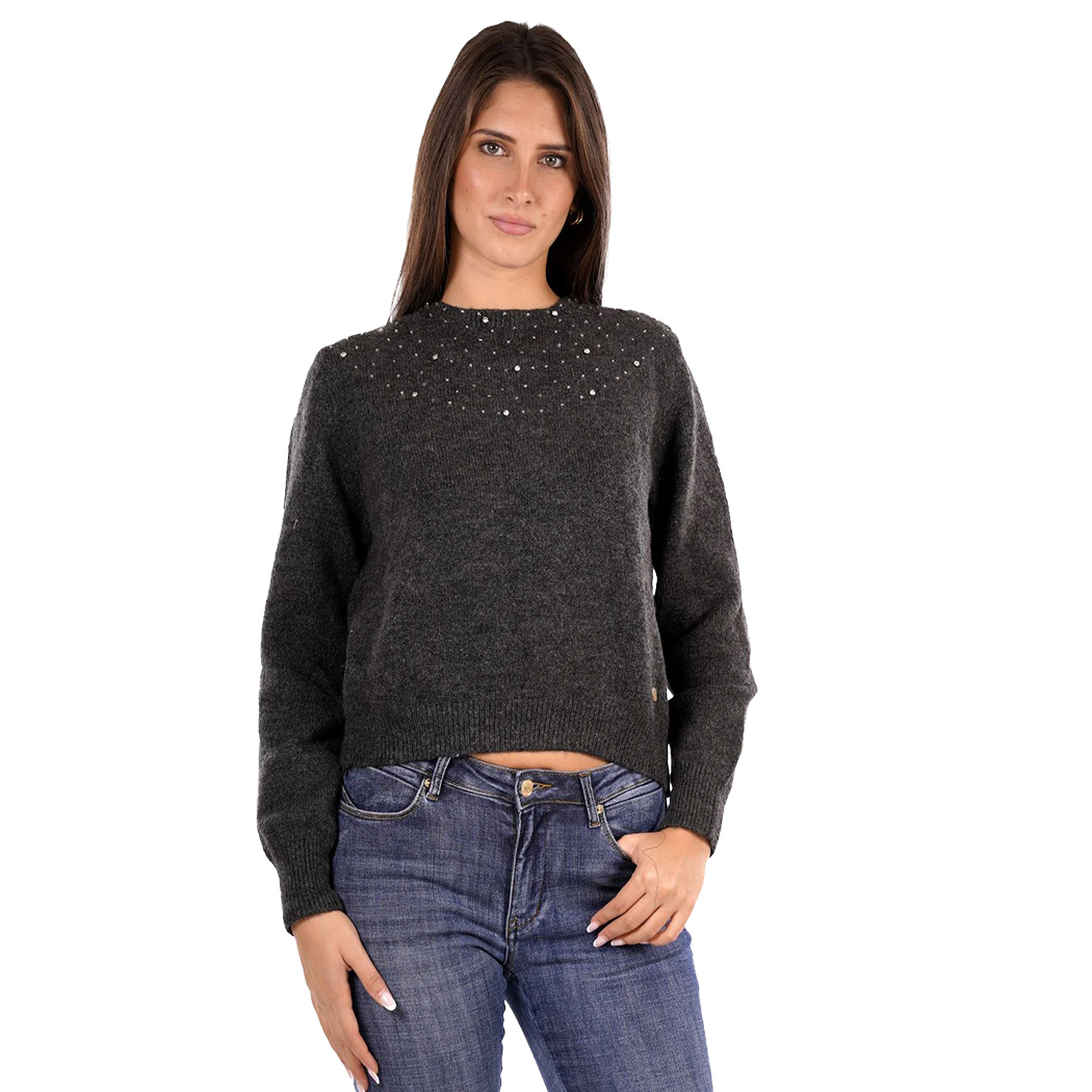 YES ZEE MAGLIA DONNA INVERNO MAGLIONE STRASS APPLICATE PULLOVER CROP M082/JZ00