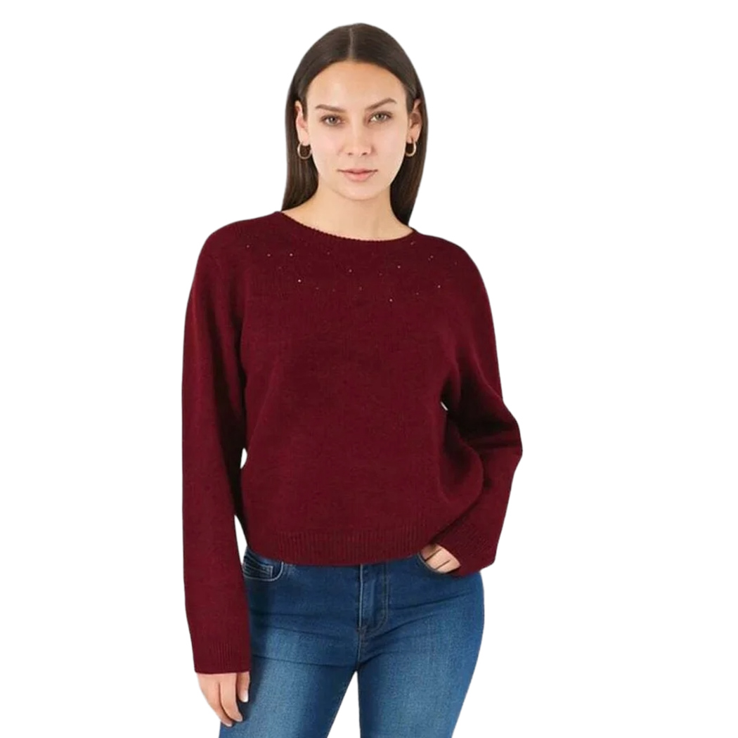 YES ZEE MAGLIA DONNA INVERNO MAGLIONE STRASS APPLICATE PULLOVER CROP M082/JZ00
