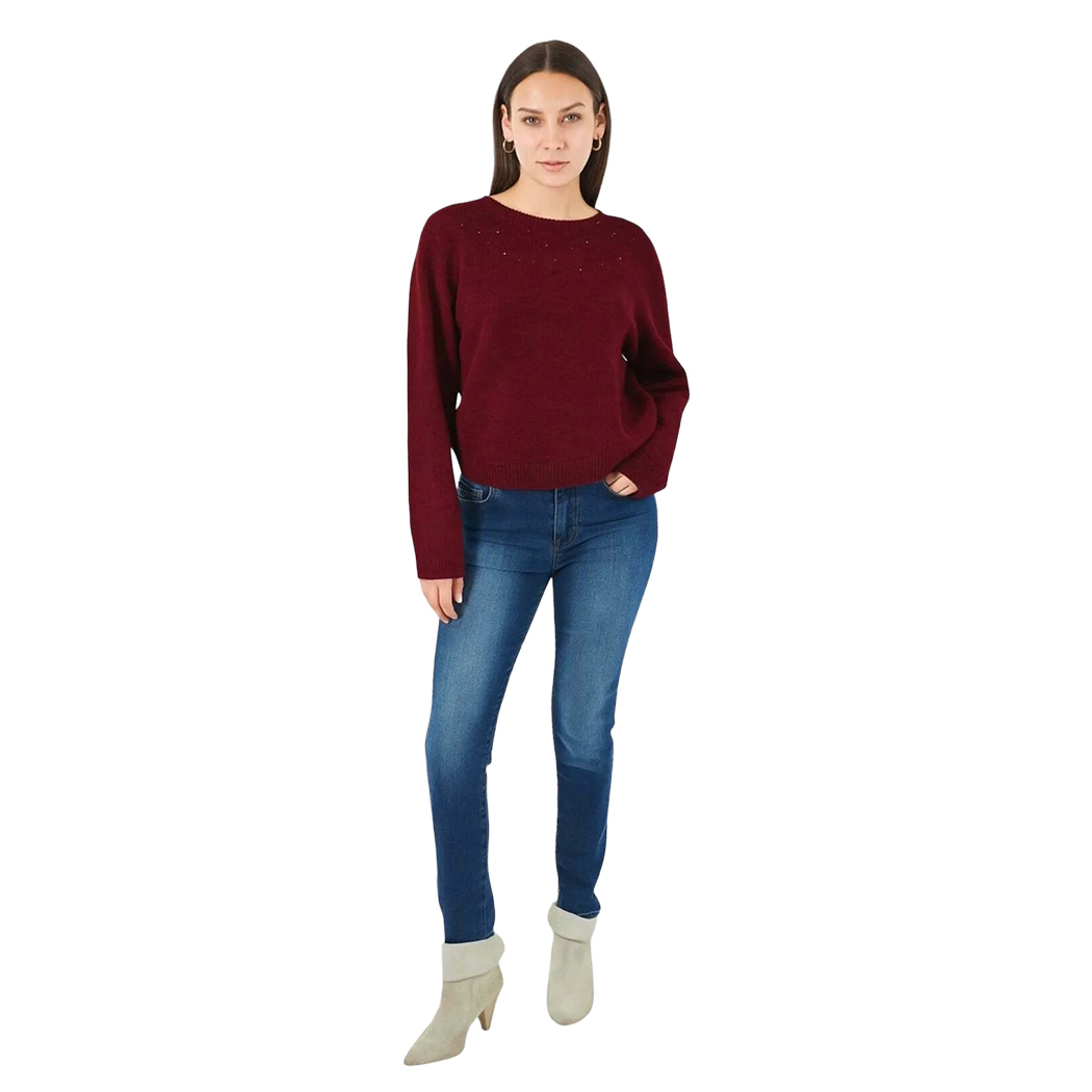 YES ZEE MAGLIA DONNA INVERNO MAGLIONE STRASS APPLICATE PULLOVER CROP M082/JZ00