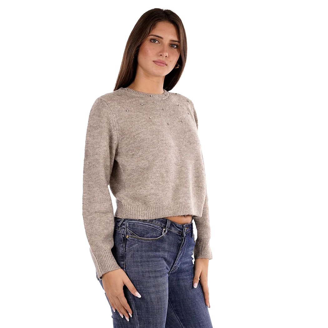 YES ZEE MAGLIA DONNA INVERNO MAGLIONE STRASS APPLICATE PULLOVER CROP M082/JZ00