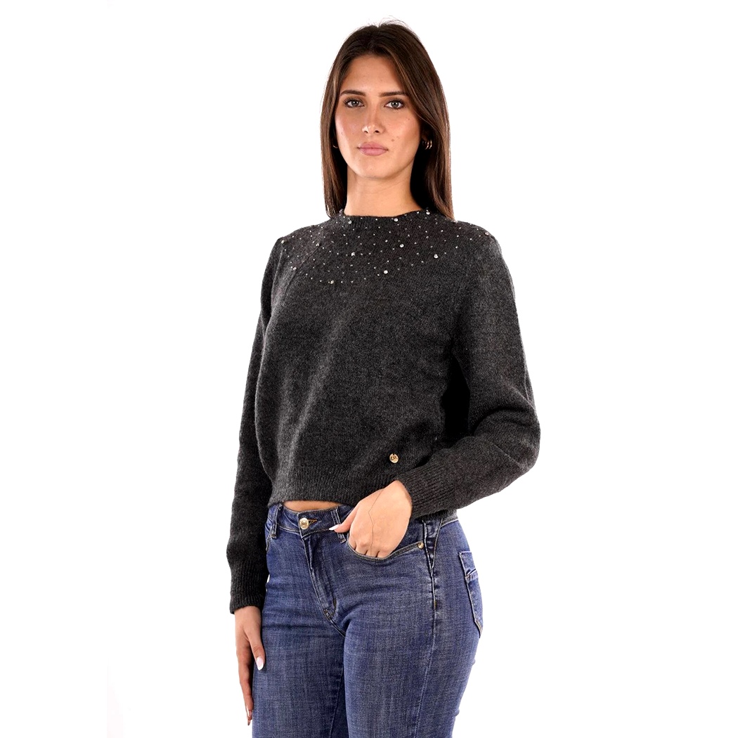 YES ZEE MAGLIA DONNA INVERNO MAGLIONE STRASS APPLICATE PULLOVER CROP M082/JZ00
