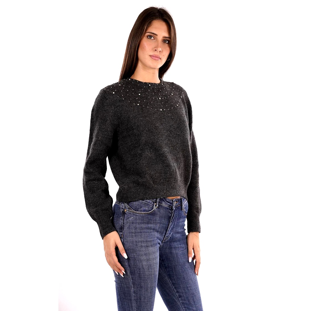 YES ZEE MAGLIA DONNA INVERNO MAGLIONE STRASS APPLICATE PULLOVER CROP M082/JZ00