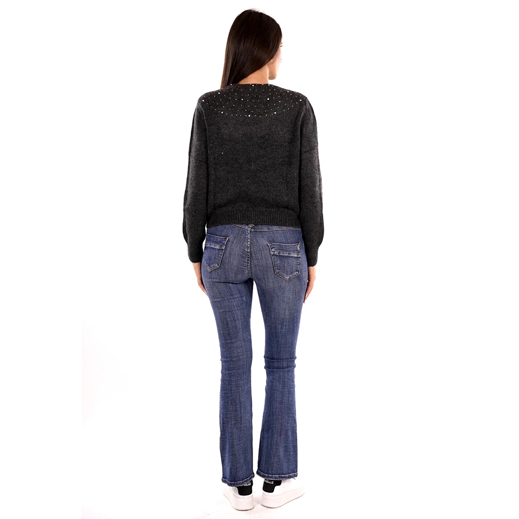 YES ZEE MAGLIA DONNA INVERNO MAGLIONE STRASS APPLICATE PULLOVER CROP M082/JZ00