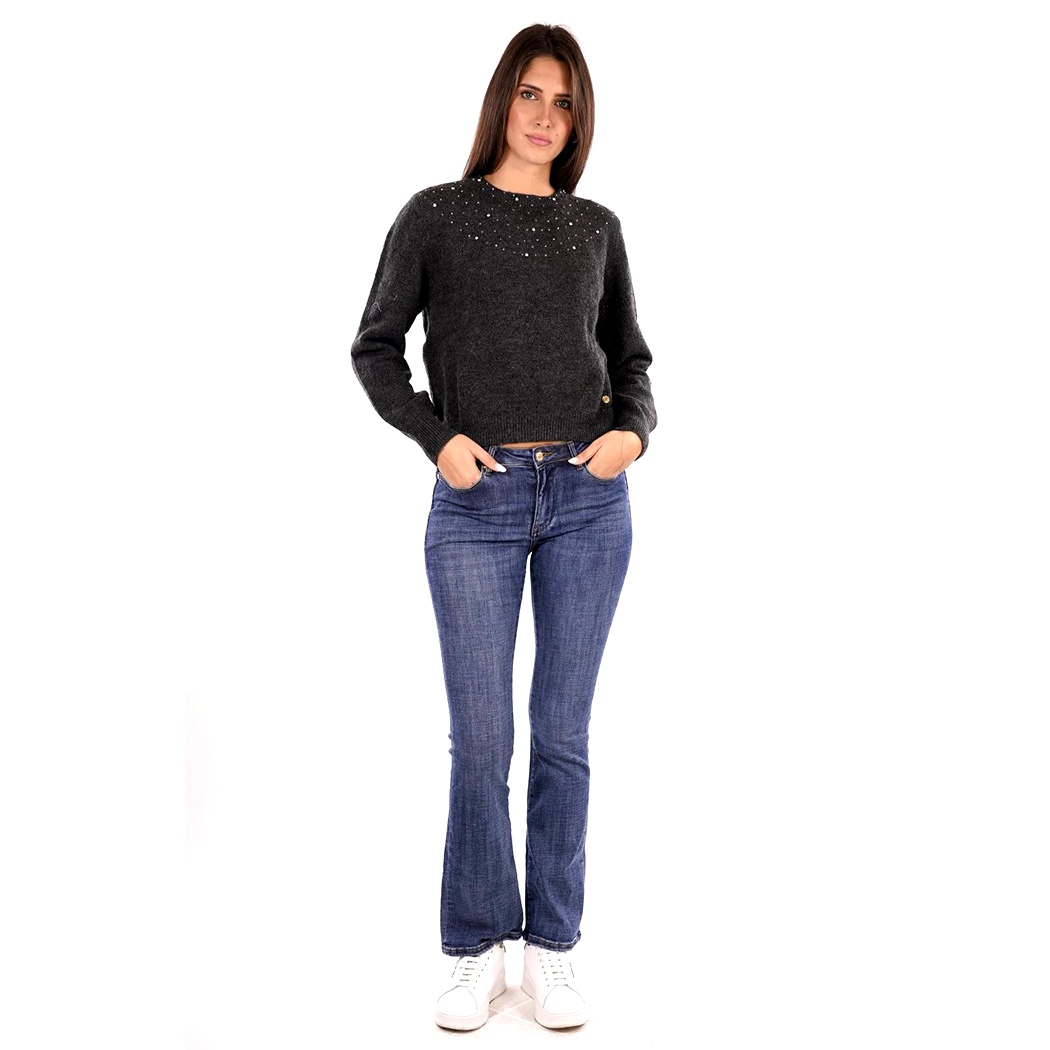 YES ZEE MAGLIA DONNA INVERNO MAGLIONE STRASS APPLICATE PULLOVER CROP M082/JZ00