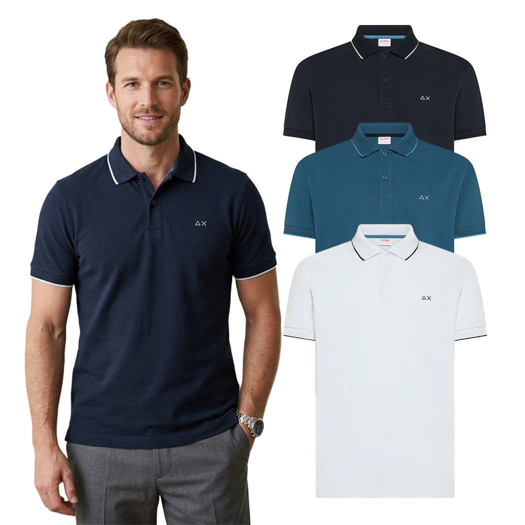 SUN68 POLO T-SHIRT UOMO PIQUET COTONE LOGO RICAMATO DETTAGLI A CONTRASTO A36111